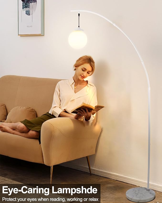 Lightdot Arc Floor Lamp for Living Room, 76Inch Tall Standing Lamp with Marble Base and Globe Bulbs Included, 3000K Warmwhite Modern Mid Century Floor Lamp for Bedroom & Home Office-White
