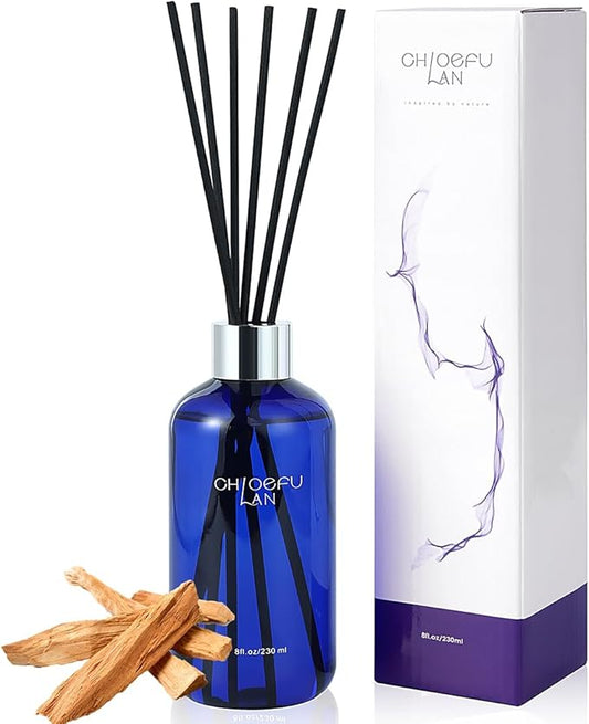 Chloefu Lan Reéd Diffuser, 8.1 oz Natural Essential Scented Oil, 6 Diffuser Sticks, Home Fragrance Sandalwood, Aromatherapy Oil Diffuser Reeds, More Masculine Scent, Bathroom & Office Decor 230ml
