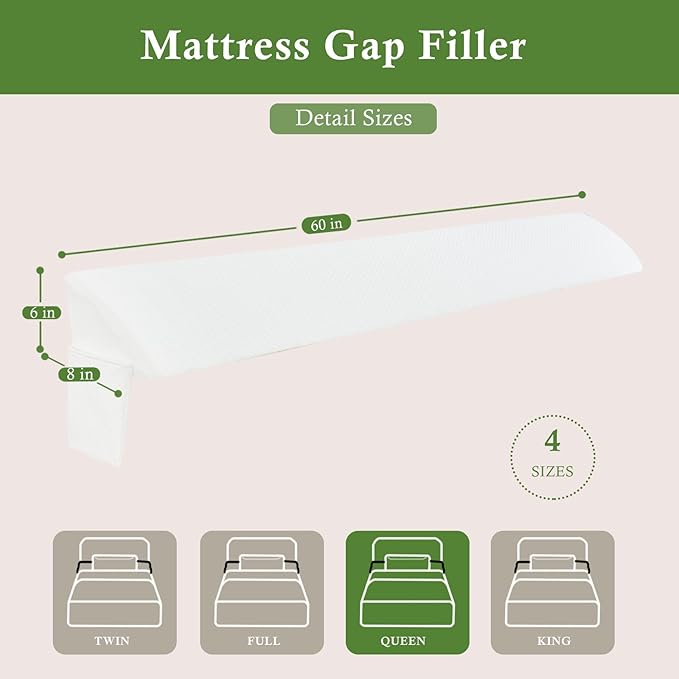 Bed Wedge Pillow for Headboard, Bed Gap Filler Queen of Headboard Pillow, Mattress Gap Filler Made with Triangle Pillow to Close The Gap (0-8") Between Headboard/Wall and Mattress (White, 60"x8"x 6")