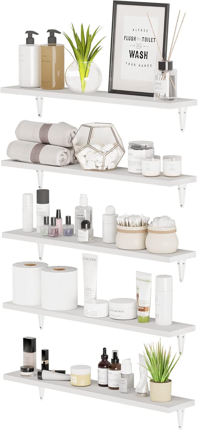 Wallniture Arras 24" Bathroom Shelves, Floating Shelves for Wall Storage, Bookshelf Living Room Decor, Bedroom, Kitchen Shelf, White Set of 5
