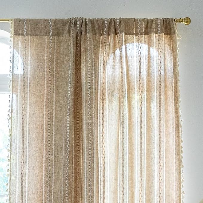 Sutuo Home Boho Curtains for Bedroom Living Room 90 Inch Length, Light Filtering French Country Farmhouse Vintage Shabby Chic Tassels Hollow Window Treatment Bohemian Drape 1 Panel 52"W x 90"L Natural