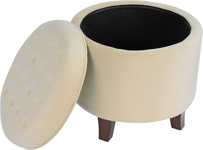 Homepop Home Decor | Upholstered Round Velvet Tufted Foot Rest Ottoman | Ottoman with Storage for Living Room & Bedroom | Decorative Home Furniture, Cream Small