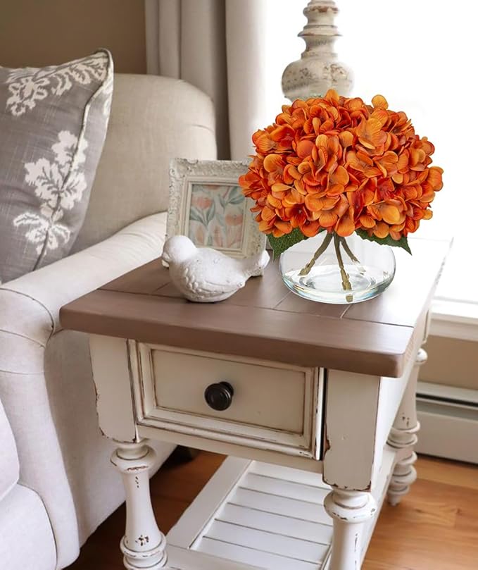 Hydrangea Artificial Flowers with Vase Fall Decor Orange Silk Fake Flowers Arrangements in Glass Vase with Faux Water Autumn Festival Floral Bulk Bouquet for Wedding Party Centerpiece Home Decorations