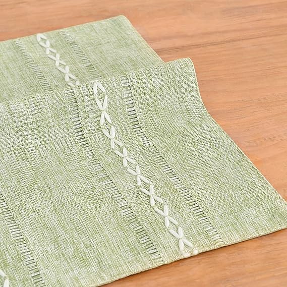 Wracra Cotton Linen Placemats, 12 x 18 Inch Set of 6 Placemats Rustic Hemstitch Place Mats for Kitchen Table and Heat Resistant-Hemstitch Sage Green