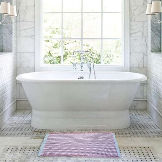 Upgraded Waffle Bath Mat – Ultra Soft, Super Absorbent & Non-Slip Rug with Tassels, Machine Washable, Rubber Backed for Bathroom, Hallway Runner, Kitchen and More (Pink, 18" X 30")