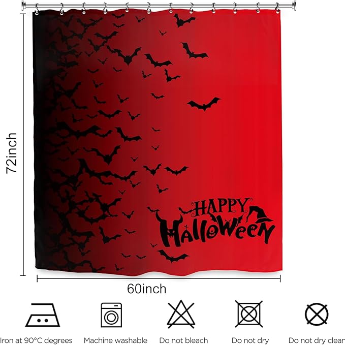 Halloween Bat Shower Curtain 60Wx72L Inch Black Red Horror Scary Spooky Ombre Holiday Bathroom Set Accessories Decor with 12 Pack Hooks