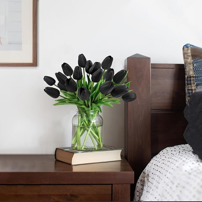Beferr Black Tulips Artificial Flowers 18pcs Faux Tulip Real Touch Fake Flowers Bouquets for Halloween Easter Gifts Home Party Wedding Table Decorations