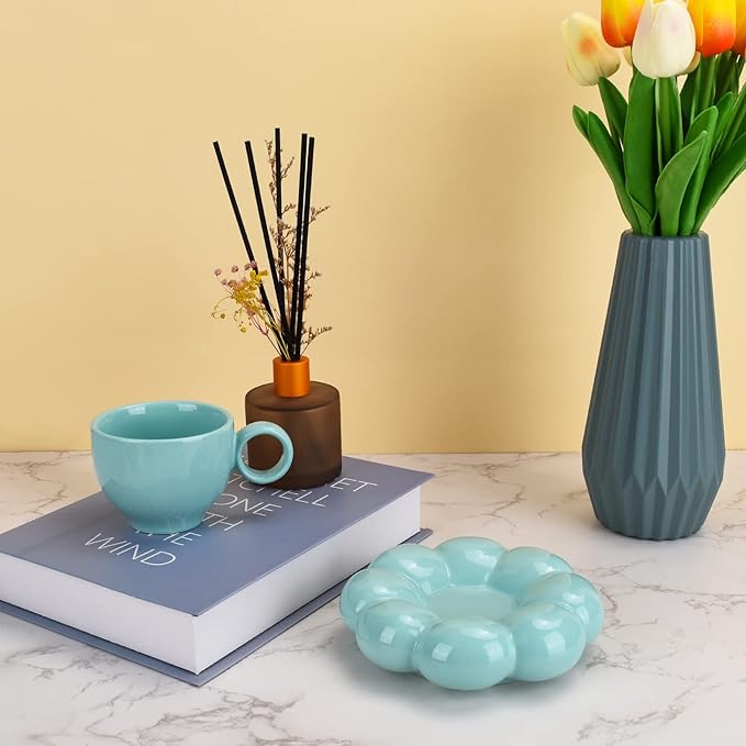 Koythin Ceramic Coffee Mug with Saucer Set, Creative Cute Cup with Sunflower Coaster for Office and Home, Dishwasher and Microwave Safe, 6.5 oz/200 ml for Tea Latte Milk (Blue-green)