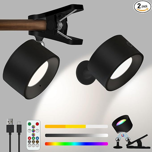 Adetu 2 Pcs LED Wall Mounted Lights, RGB Wall Sconces Lamp with Rechargeable Battery Operated USB Port, 3 Color Temperatures & Dimmable Magnetic 360° Rotation Cordless Light for Bedroom Bedside