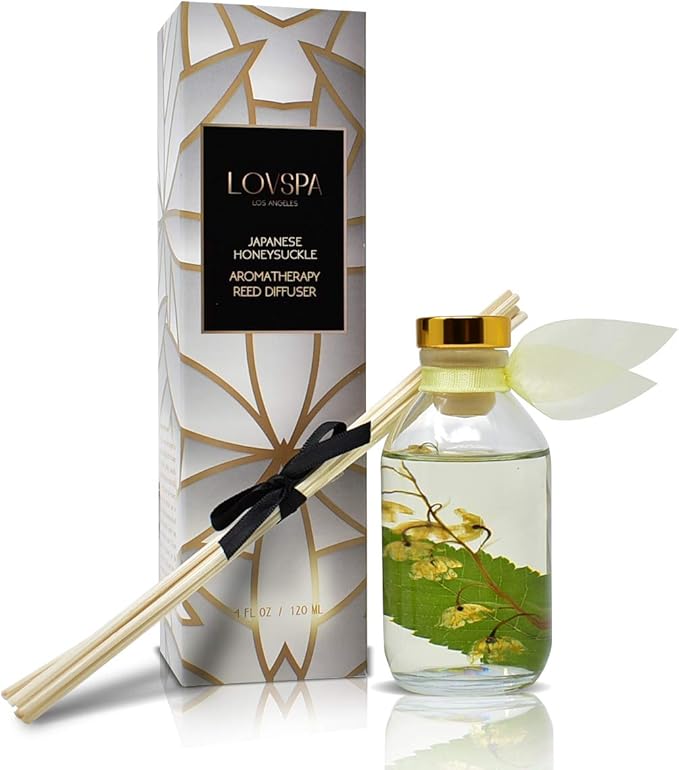 LOVSPA Japanese Honeysuckle Reed Diffuser Set - Fresh Floral Bouquet Scent Diffuser - Reed Diffusers for Home with Long Lasting Fragrance - Non-Toxic Oil Reed Diffuser - Made in The USA