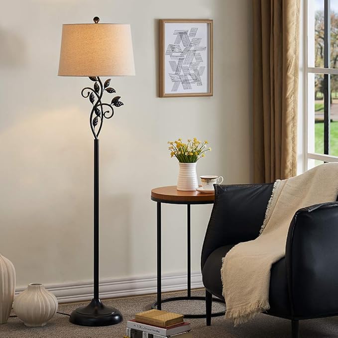 Maxax Vintage Floor Lamp, 62in Traditional Farmhouse Tall Standing Lamp with Oatmeal Fabric Shade,3-Way Dimmable Metal Leaf Floor Lamp for Living Room and Bedroom, Black