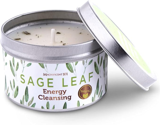 Magnificent 101 Long Lasting Pure White Sage Leaf Scented Smudge Candle | 6 Oz - 35 Hour Burn | Paraffin Free Soy Candle for House Energy Cleansing, Purification & Manifestation