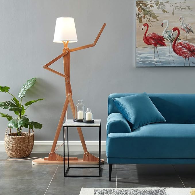 Cool Tall Floor Lamp for Living Room Bedroom Farmhouse - Corner Decorative Reading Standing Light Wood Creative Swing Arm Arc Design Gift for Kids/Boys/Girls Bedside - with LED Bulb (Ash)