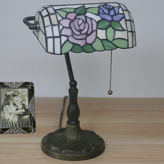 Tiffany Style Bankers Table Lamp Stained Glass Piano Desk Lamp Vintage Bedroom Bedside Lamp for Study,Antique Alloy Base,Zipper Switch,Rose d