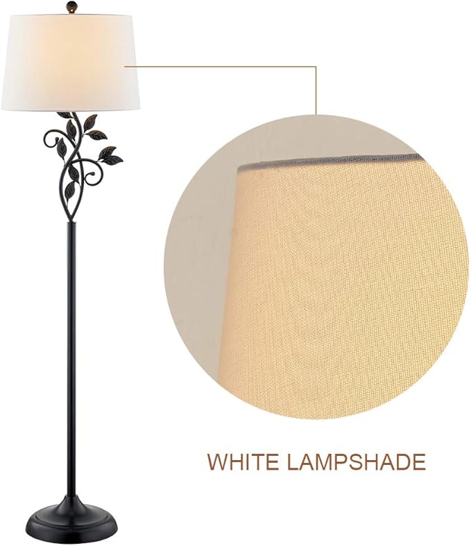 Maxax Traditional Floor Lamp, Reading Standing Light with White Fabric Shade, 100W 3-Way Dimmable Metal Leaf Floor Lamp for Living Room and Bedroom, Black