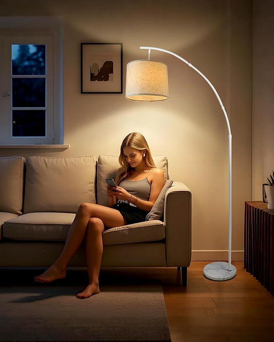Lightdot Arc Floor Lamps for Living Room, Modern Standing Lamp with Hanging Drum Shade, Tall Standing Floor Lamp with Foot Switch, Over Couch Arched Reading Light for Bedroom, Office (White)
