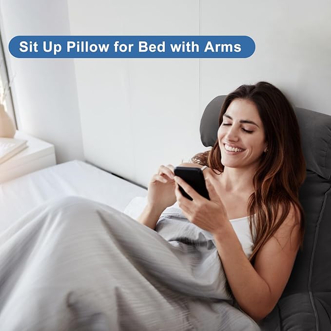 Reading Pillow for Bed Adult Size, Back Pillow for Sitting in Bed, Shredded Memory Foam Bed Chair Pillow with Arms, Pockets, Washable Cover (Beige, Large)