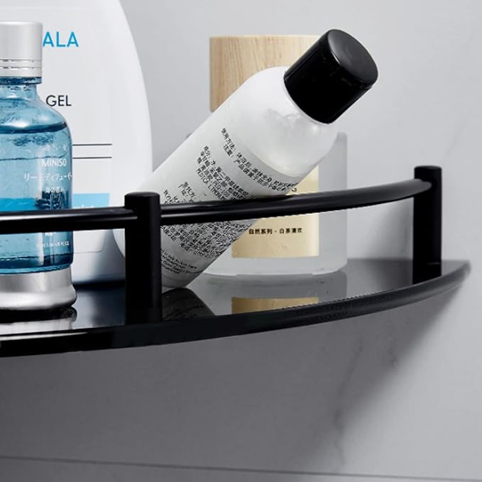 Glass Bathroom Shelf with Rustproof Rail, Black Glass Corner Shower Shelf, Wall Mount Drill Hole Shower Caddy Organizer, Bathroom Shower Organizer for Living Room and Toilet (1 Tier)