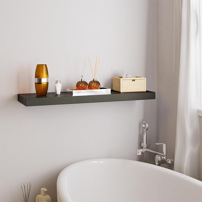 BATODA Set of 2 24" Acacia Floating Shelves Wall Mounted for Bathroom – Rustic Farmhouse Wooden Wall Storage Shelf Bedroom, Kitchen, Home Décor - Brackets and Shelving Mounting (Black, 24 Inch)
