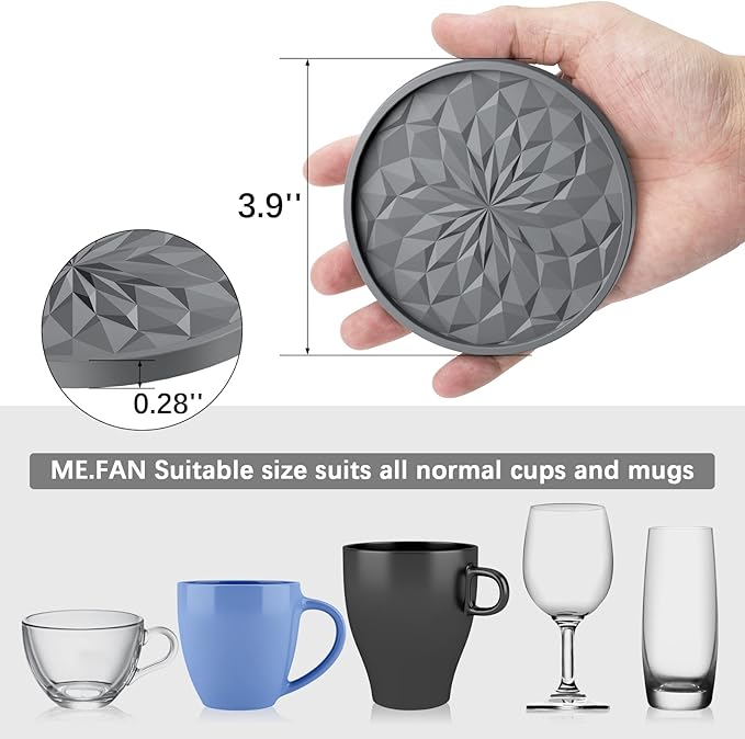 ME.FAN Silicone Coasters with Holder,[6 Pack] Drinking Coasters - Cup Mat for Hot or Cold Drinks, Thickened, Non-Slip, Non-stick,Deep Tray Dark Grey