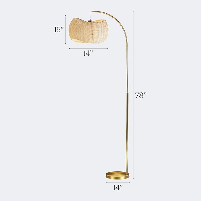 Brightech Wave Arched Floor Lamp – Unique Hanging Wicker Shade for Living Rooms – Rattan Style Matches Boho and Other Décor – Arcs Over Sofas and Dining Tables for Compliments - Brass
