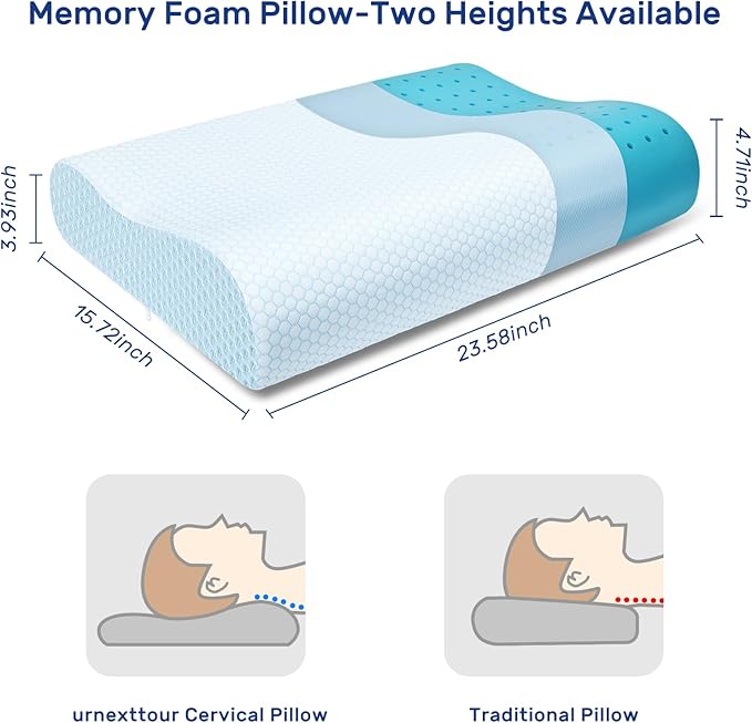 Memory Foam Pillows Neck Pillow Bed Pillow for Sleeping Ergonomic Cervical Pillow Orthopedic Contour Pillow for Stomach Sleeper-Blue White