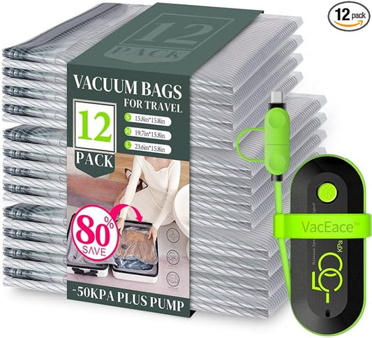 Vacuum Bags for Travel with USB Pump, 12 Pack Carry-on Size Compression Packing for Luggage and Suitcase, Space Saver Bags for Clothes and Clothing Travel