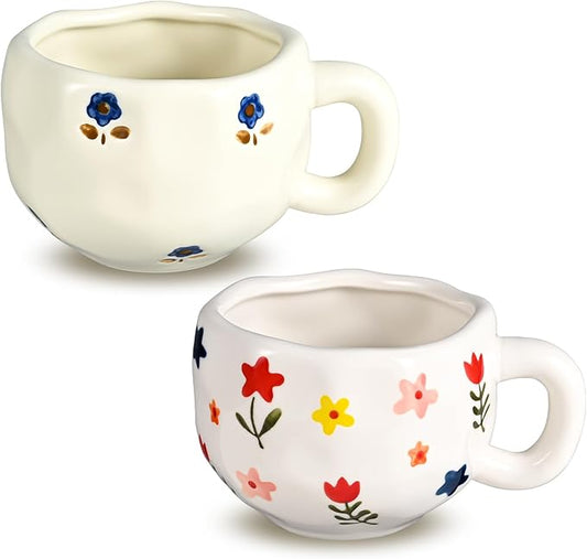 Coffee Mugs Set of 2, Ceramic Coffee Mug with Blue and Pink Floral, 10 oz Aesthetic Latte Art Cups with Handle, Cute Painted Flower Cup for Cappuccino, Cocoa, Espresso - Microwave and Dishwasher Safe