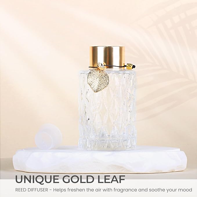 4Pcs Reed Diffuser Set with Metal Golden Decoration, 4.2oz Empty Reed Diffuser Bottles with 20Pcs Reed Diffuser Sticks, Unique Design Bottles for Home and Office(Cylinder)