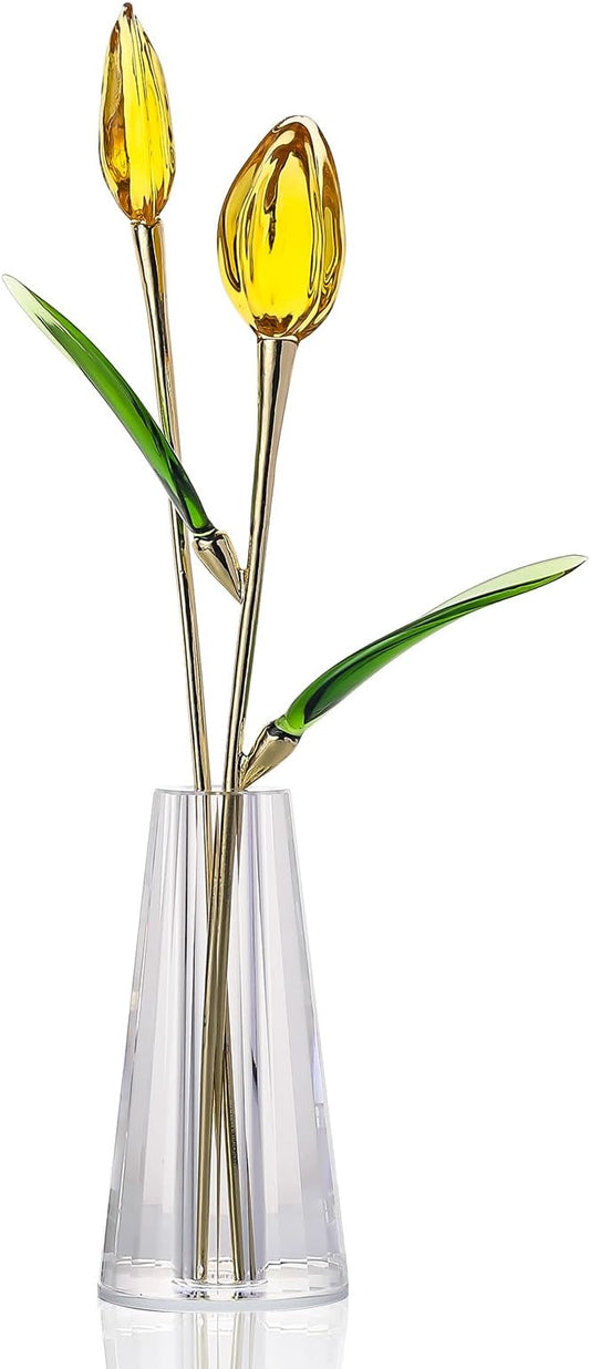 LONGWIN Crystal Tulips Flower Figurine Collectible with Vase Glass Spring Bouquet Flowers with Stem Home Decor Gift for Women Mom