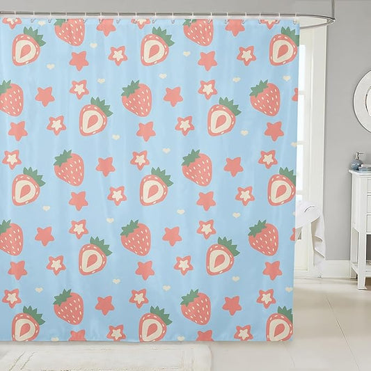 Feelyou Blue Strawberry Bathroom Waterproof Accessories with 12 Hooks Kawaii Fruit Shower Curtain for Kids Boys Girls Cute Stars Strawberry Fabric Shower Curtain Kawaii Lovely Curtains,72x84 Inches