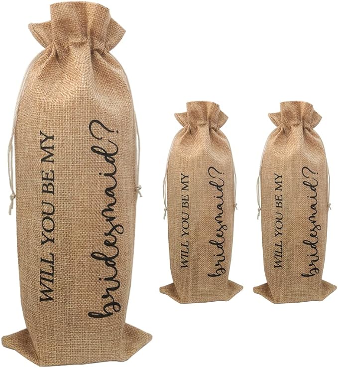 Will You Be My Bridesmaid Wine Bags Set of 3 W/Gift Tags, Bridesmaid Gifts from Bride, Cute Bridesmaid Proposal Gift (3)
