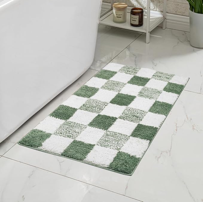 CozeCube Checkered Bath mats Non Slip, Fluffy Absorbent Microfiber Runner Bath mat Washable, Aesthetic Bathroom Rugs, Long Bath mat for Bathroom Floor, Sage Green, 47"X24"