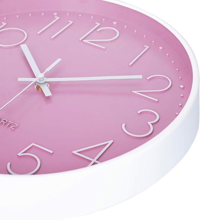 Lafocuse 12 Inch Pink Wall Clock Battery Operated for Kitchen Living Room, Silent Kids Analog Clock for Girls Bedroom, Pink Home Décor