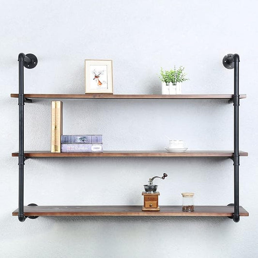 Industrial Pipe Shelves with Wood Planks,Bar Shelving Wall Mounted Hanging Book Shelf,Rustic Iron Floating Shelves for Wall(3 Tier 48in)