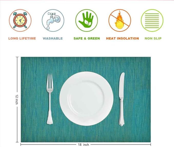 GIVERARE Placemats Set of 4, Heat-Resistant Woven Vinyl Placemat, Non-Slip Washable PVC Table Mat, Easy to Clean Premium Plastic Mats for Dining, Kitchen Table (Turquoise)