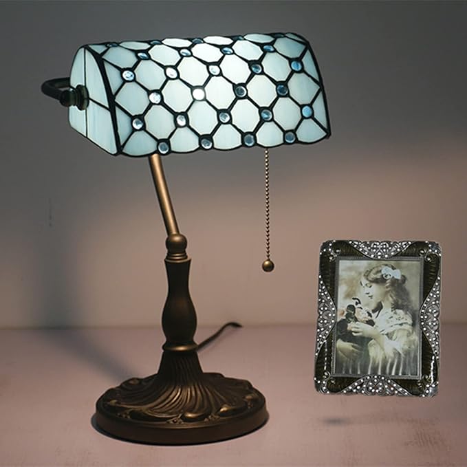 Tiffany Style Bankers Table Lamp Stained Glass Piano Desk Lamp Vintage Bedroom Bedside Lamp for Study,Antique Alloy Base,Zipper Switch,Blue a