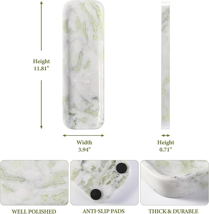 Koville Marble Tray for Bathroom Sink, 12"x4" Natural Stone Vanity Tray for Kitchen Dresser Countertop, Rectangular Decorative Marble Trays for Jewelry Perfume Trinket(Bianco Palomino)