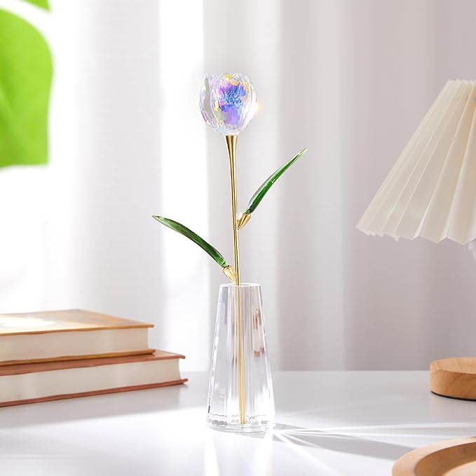 Crystal Tulip Flowers Figurine Collectible- Glass Flowers with Vase,Glass Flower Bouquet Paperweight,Gift for Anniversary Wedding Centerpiece Ornament（Colorful）
