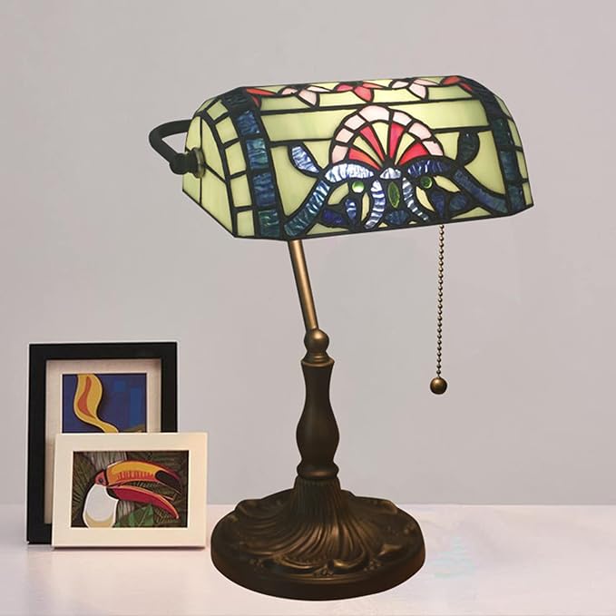 Tiffany Style Bankers Table Lamp Stained Glass Piano Desk Lamp Vintage Bedroom Bedside Lamp for Study,Antique Alloy Base,Zipper Switch,Green Baroque b