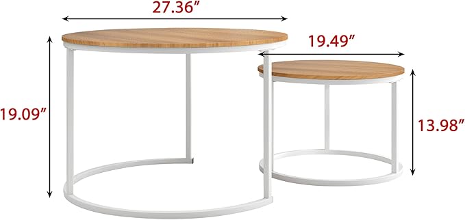 Round Coffee Table Set of 2 End Table for Living Room,Stacking Side Tables,Sturdy& Easy Assembly,Wood Look Accent Furniture with Metal Frame,Industrial/Modern Coffee Table White+Teak OAKDK