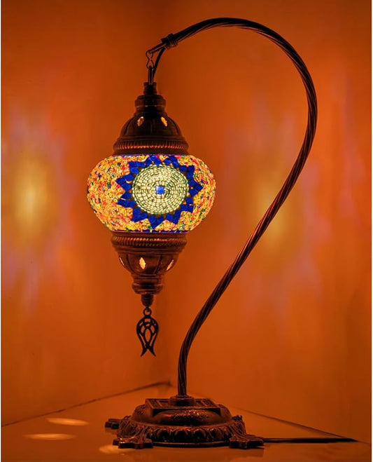Kafthan Turkish Moroccan Mosaic Lamp – Handmade Glass Swan Neck Bedside Lamp with Antique Brass Base, Ideal Decor for Bedroom, Office, Living Room – Bulb Included (Blue & Navy Circles)