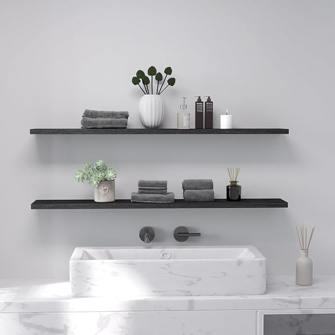 Floating Shelves 48 Inch Wall Shelf Solid Wood Mounted Storage for Bedroom Living Room Set of 2, Black Wall Shelves