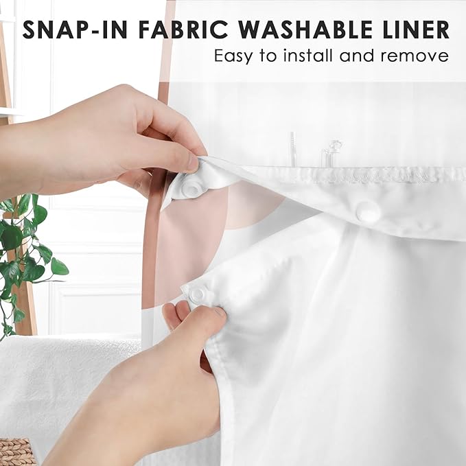 Boho Mid Century No Hook Shower Curtain with Snap in Liner, Sun Moon Leaves Orange Bath Curtain with Double Layers Waterproof Fabric and Mesh Top Window 71x74 Inch