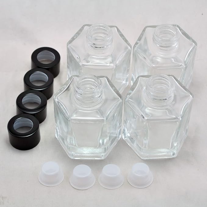 Set of 4 Hexagon Glass Essential Oil Bottles for Home Fragrance Diffuser, (100ml,Black Cap)