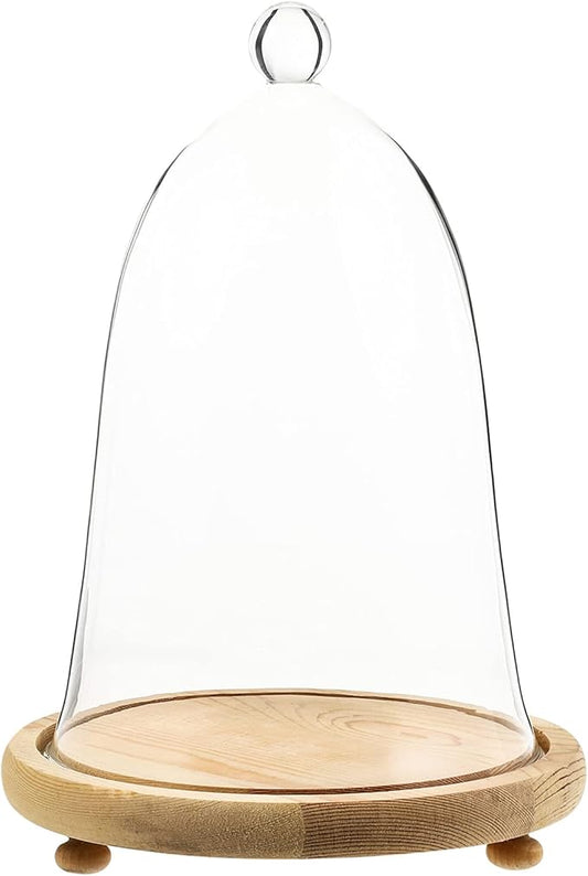 EXCEART Clear Glass Dome Cloche with Rustic Wooden Base Antique Bell Jar Display Dome for Plants Succulents Fairy Lights Photos Medals Decorative Fill and More Light Brown