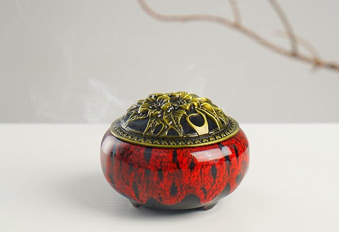 Incense Burner with Calabash Incense Stick Holder - Porcelain Charcoal Censer for Use with Resin Granular Powder Cone or Coil Incense (Kiln-Colored Red)