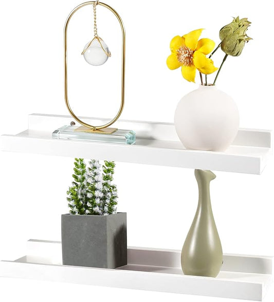 16 Inch White Floating Shelves Wall Mounted, Solid Wood Wall Shelves for Decor and Storage, Picture Ledge Shelf for Bedroom/Bathroom/Living Room/Kitchen/Laundry Room, 16 * 4 * 1.5, 2 Pack