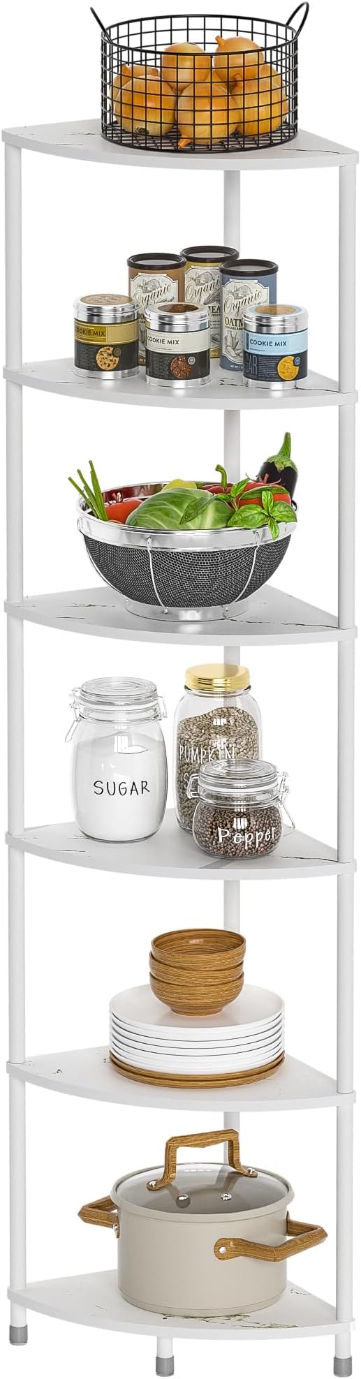 6 Tier Corner Shelf Stand, 54.4" Kitchen Shelf Organizer with Metal Frame, Small Corner Shelf for Organization & Storage, Marble White Corner Shelf for Kitchen Decor Accessories