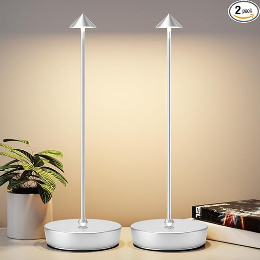 2Pack Rechargeable Cordless Table Lamp, Portable Powered LED Battery 6000mAh Metal USB Desk Lamp, 3 Levels Brightness Light for Restaurants Outdoor (2pack Silver)